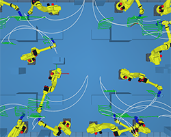 multi-robot grinding in very narrow cells. robot cell layout optimization and robot programmed simulated and programmed by robot offline programming software AUTOMAPPPS