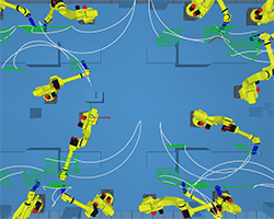 multi-robot in celle molto strette. ottimizzazione del layout delle celle robot e robot programmato simulato e programmato dal software di programmazione robot offline AUTOMAPPPS