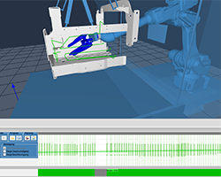 robot in polvere tra le catene. robot programmati con il software di simulazione robot AUTOMAPPPS con modulo di tracciamento e verniciatura