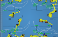 12 Fanuc robots grinding. Multi robot offline programming performed with AUTOMAPPPS robot programming software. Multi-robot offline programming using AUTOMAPPPS