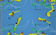 12 Fanuc robots grinding. Multi robot offline programming performed with AUTOMAPPPS robot programming software.